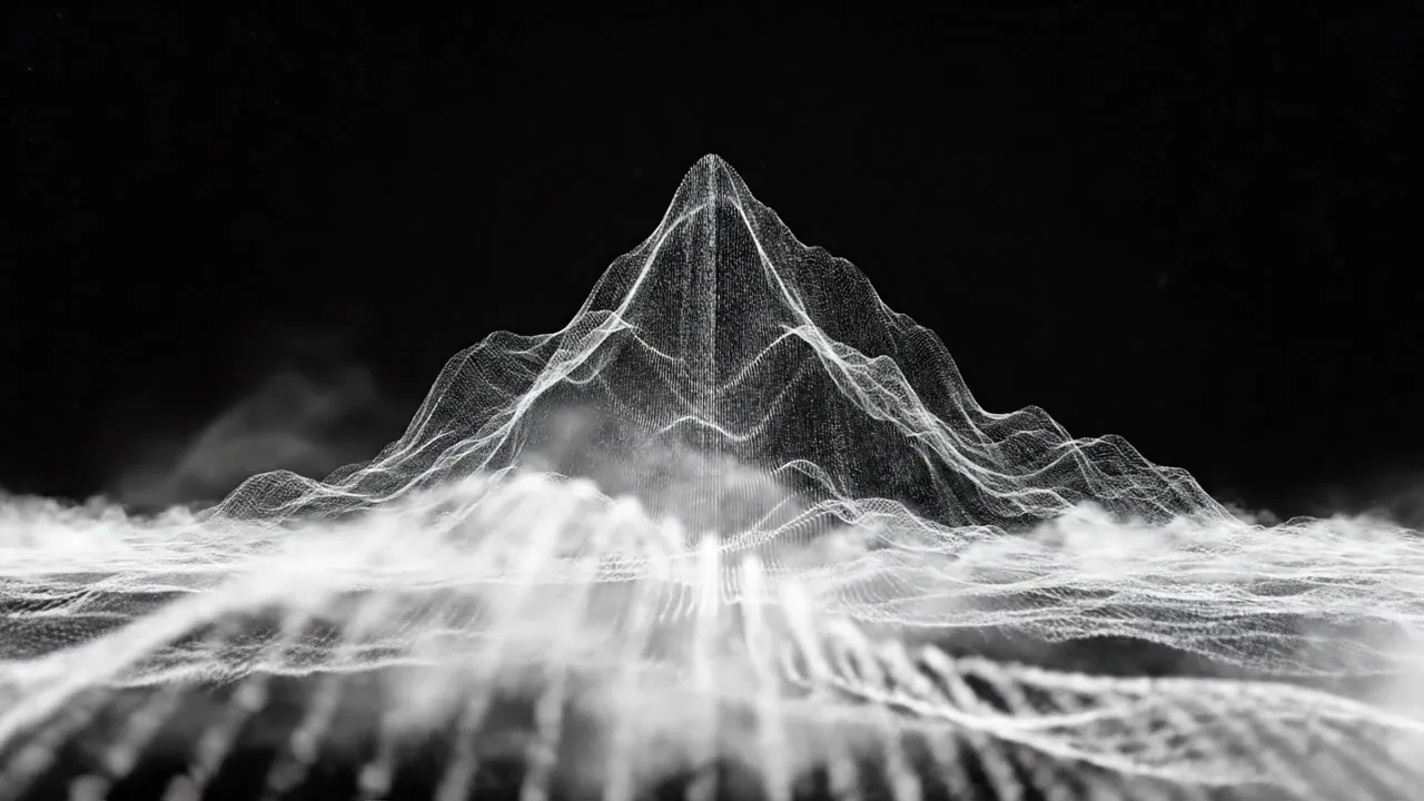 A mountain drawn in white lines against a black background